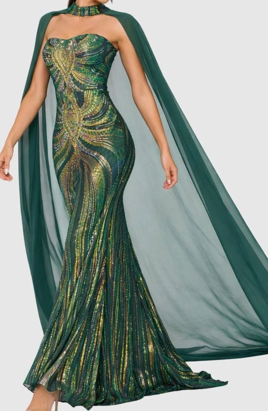 Women's Sequin Cape Mermaid Formal Party Dress