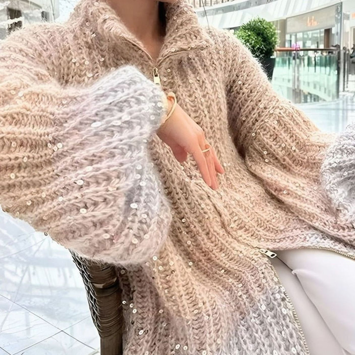 Women's Sequin Chunky Knit Open Front Zip Cardigan
