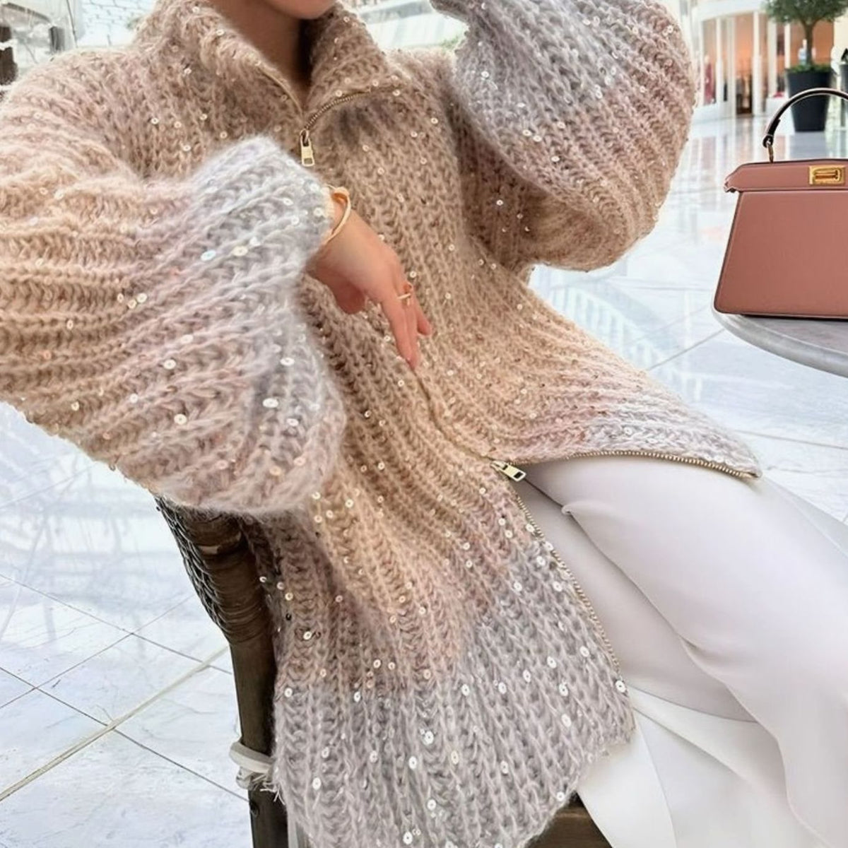 Women's Sequin Chunky Knit Open Front Zip Cardigan