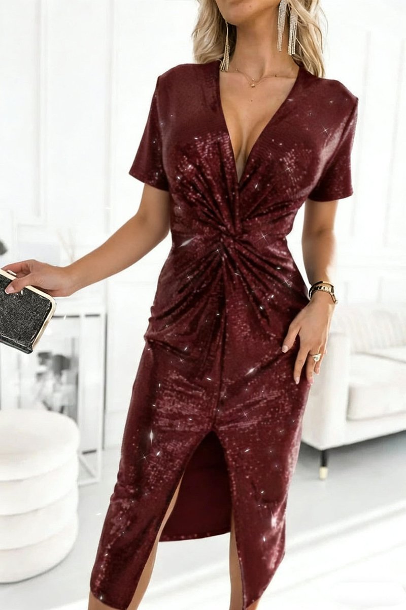 Women's Sequin Deep V-Neck Twist-Front Slit Cocktail Dress - Bordeaux