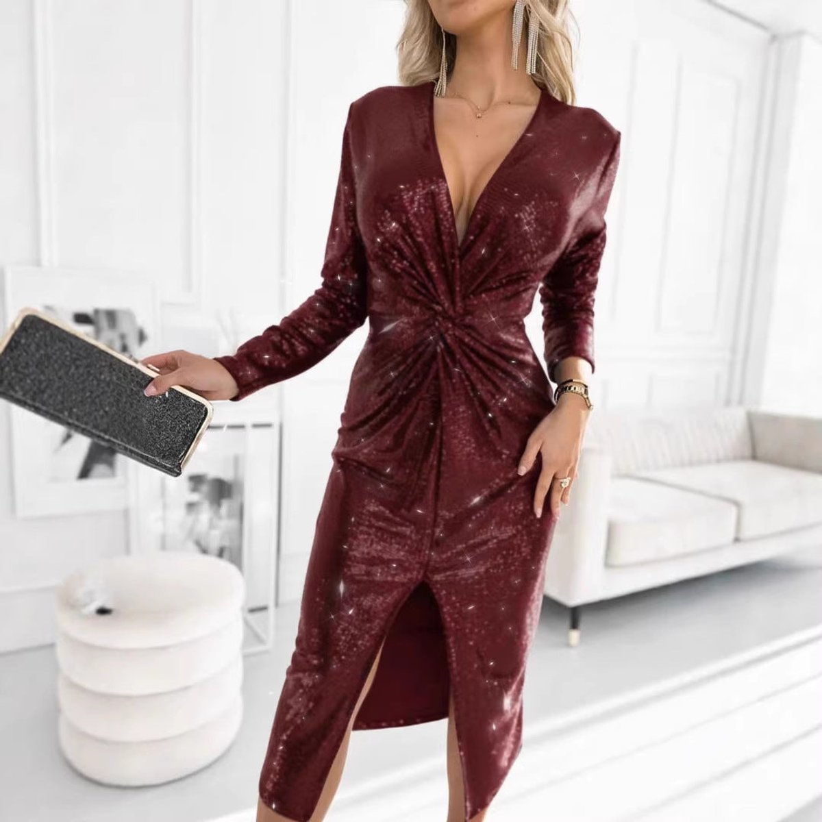 Women's Sequin Deep V-Neck Twist-Front Slit Cocktail Dress
