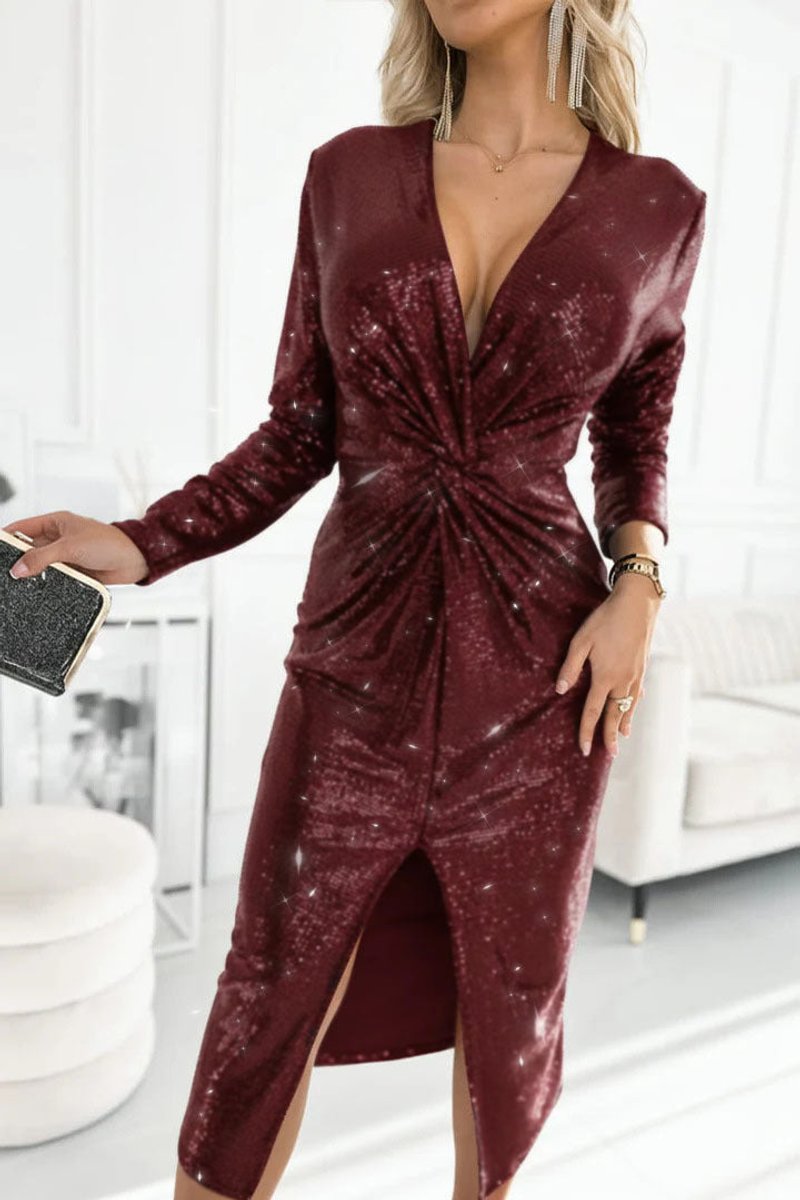 Women's Sequin Deep V-Neck Twist-Front Slit Cocktail Dress - Red