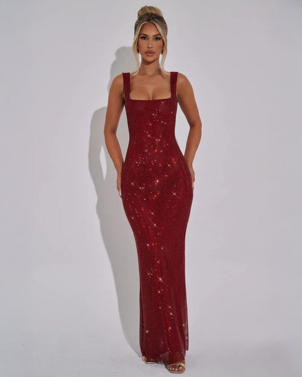 Women's Sequin Embellished Sleeveless Maxi Evening Gown Dress - Red