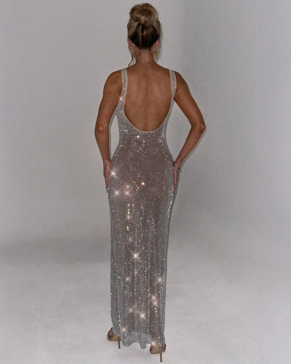 Women's Sequin Embellished Sleeveless Maxi Evening Gown Dress
