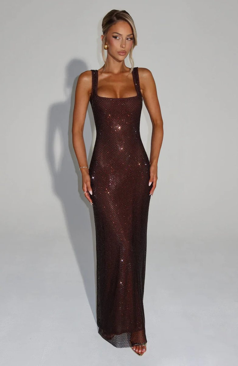 Women's Sequin Embellished Sleeveless Maxi Evening Gown Dress - Brown