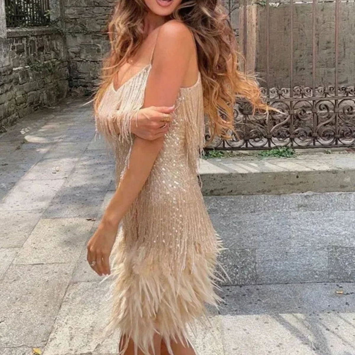 Women's Sequin Feather-Trim Spaghetti-Strap Evening Mini Party Dress