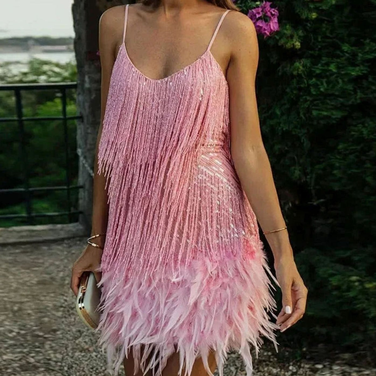 Women's Sequin Feather-Trim Spaghetti-Strap Evening Mini Party Dress - Pink