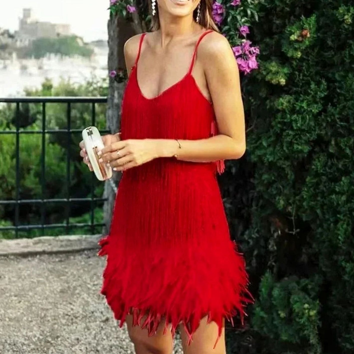 Women's Sequin Feather-Trim Spaghetti-Strap Evening Mini Party Dress - Red