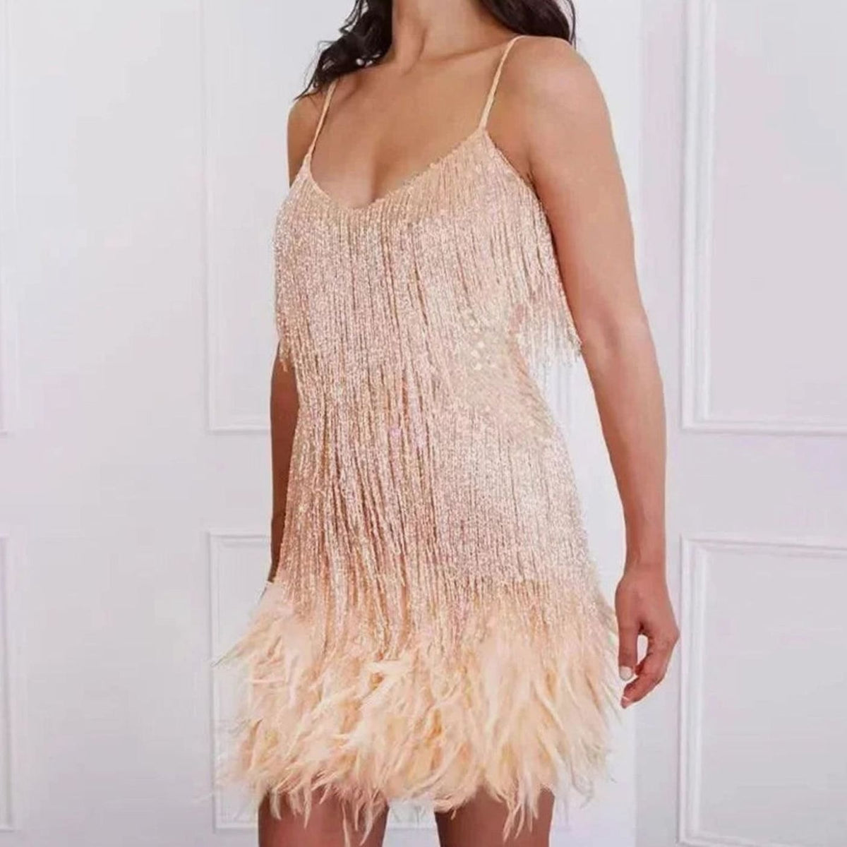 Women's Sequin Feather-Trim Spaghetti-Strap Evening Mini Party Dress