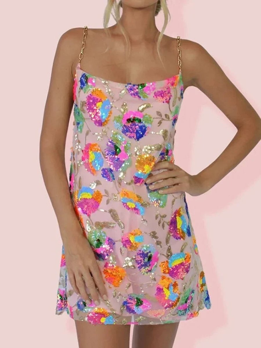Women's Sequin Floral Mini Party Dress Chain Spaghetti Strap - Pink