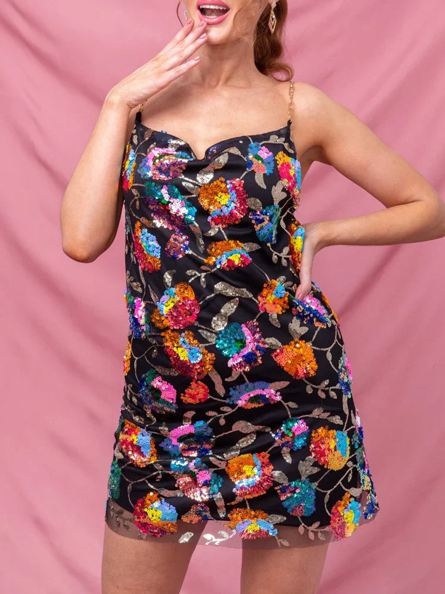 Women's Sequin Floral Mini Party Dress Chain Spaghetti Strap - Black