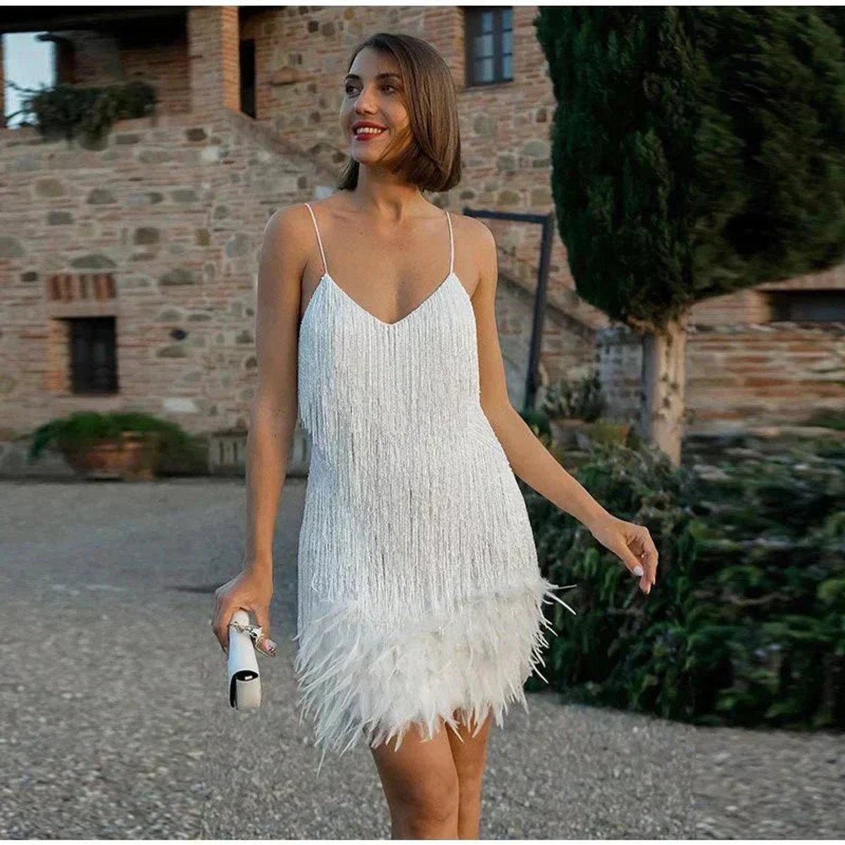 Women's Sequin Fringe Feather-Hem Mini Cocktail Dress