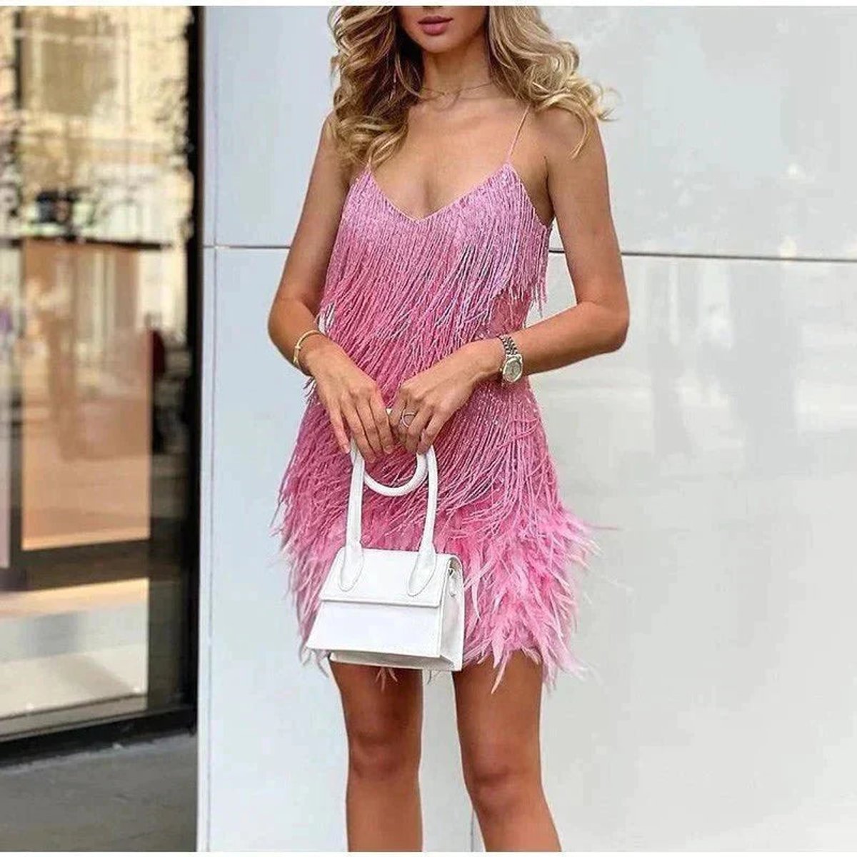 Women's Sequin Fringe Feather-Hem Mini Cocktail Dress - Pink