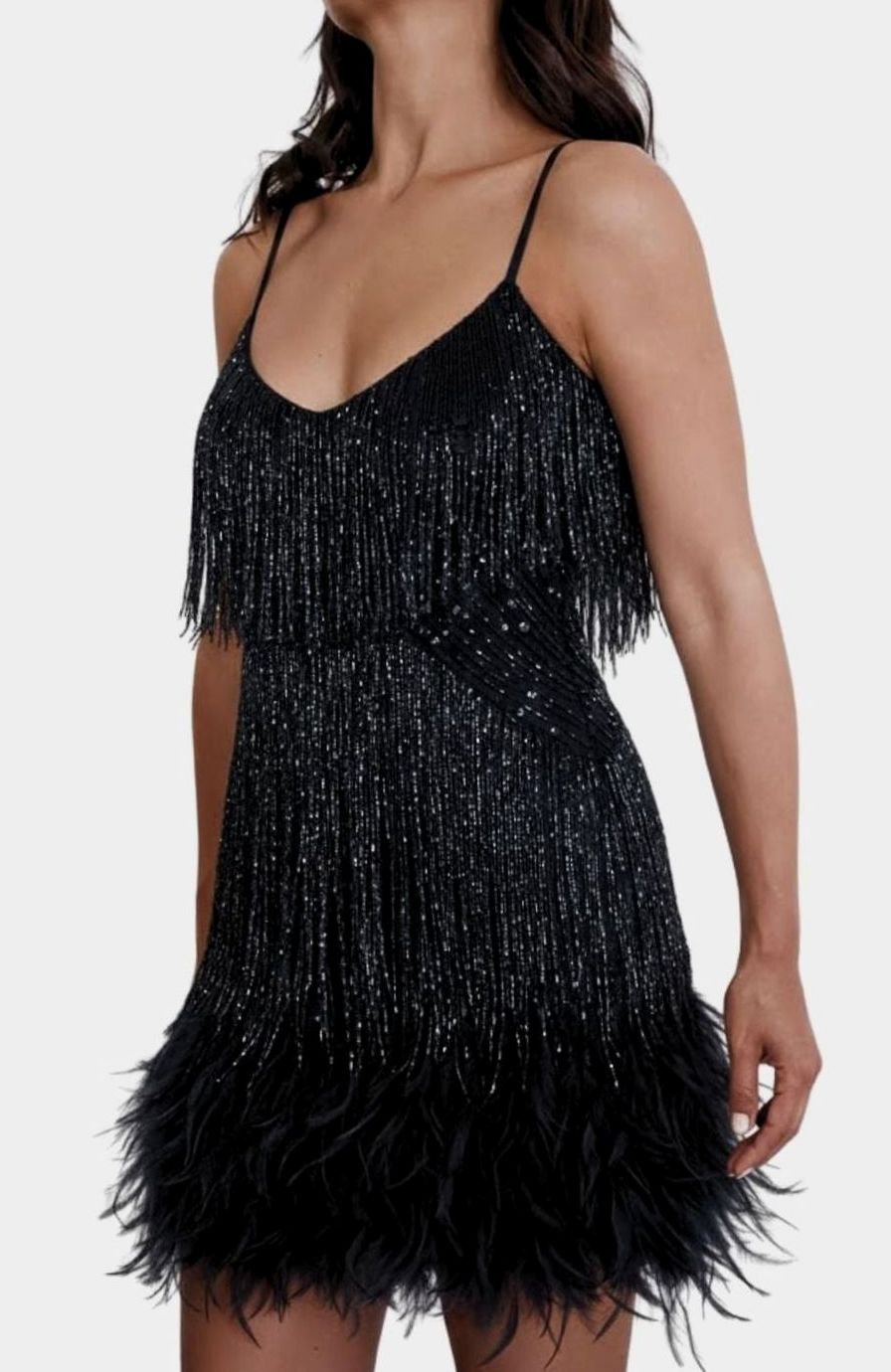 Women's Sequin Fringe Feather-Hem Mini Party Dress