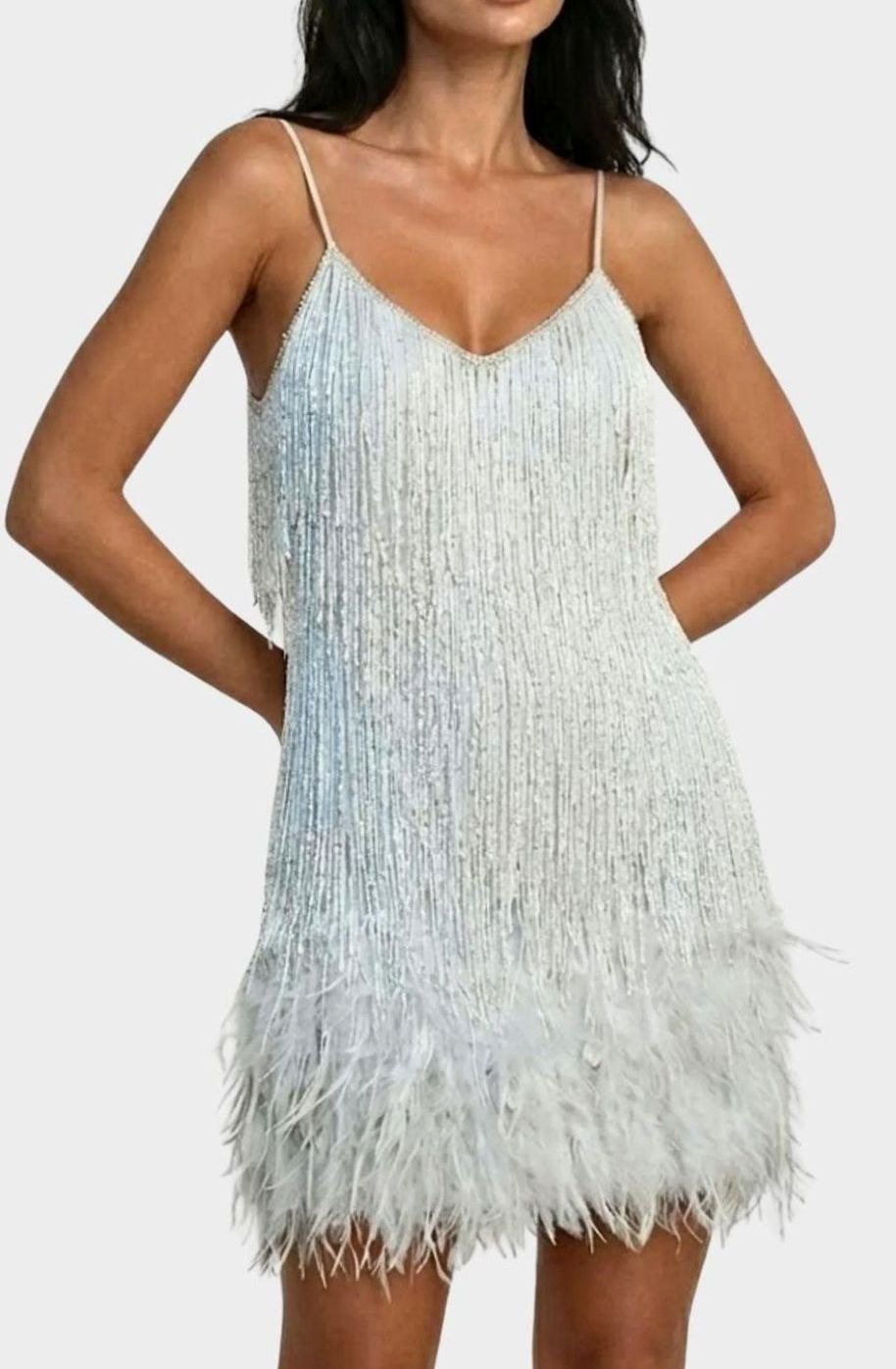 Women's Sequin Fringe Feather-Hem Mini Party Dress