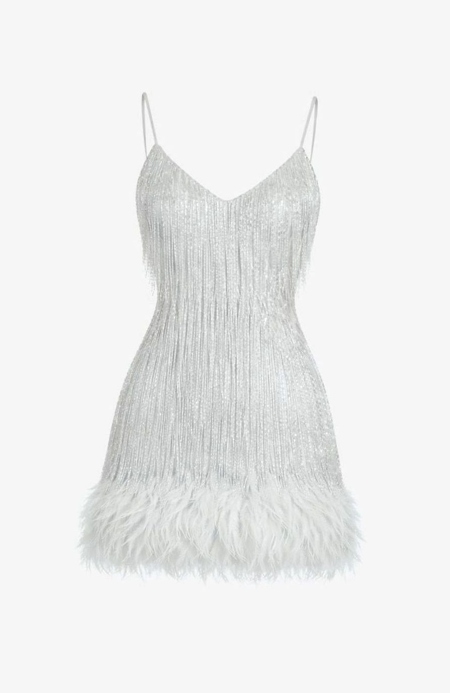 Women's Sequin Fringe Feather-Hem Mini Party Dress - White