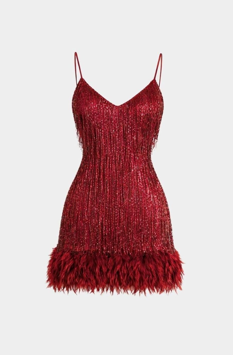 Women's Sequin Fringe Feather-Hem Mini Party Dress - Red