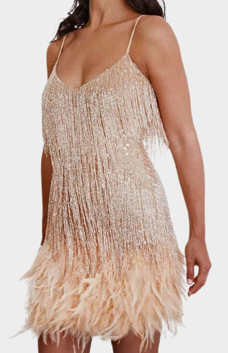 Women's Sequin Fringe Feather-Hem Mini Party Dress