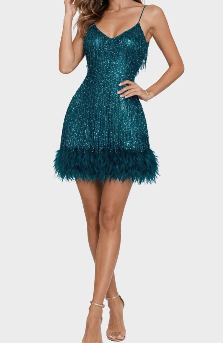 Women's Sequin Fringe Feather-Hem Mini Party Dress