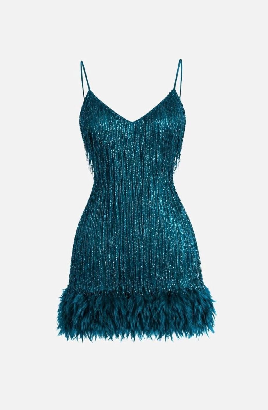 Women's Sequin Fringe Feather-Hem Mini Party Dress - Peacock Blue