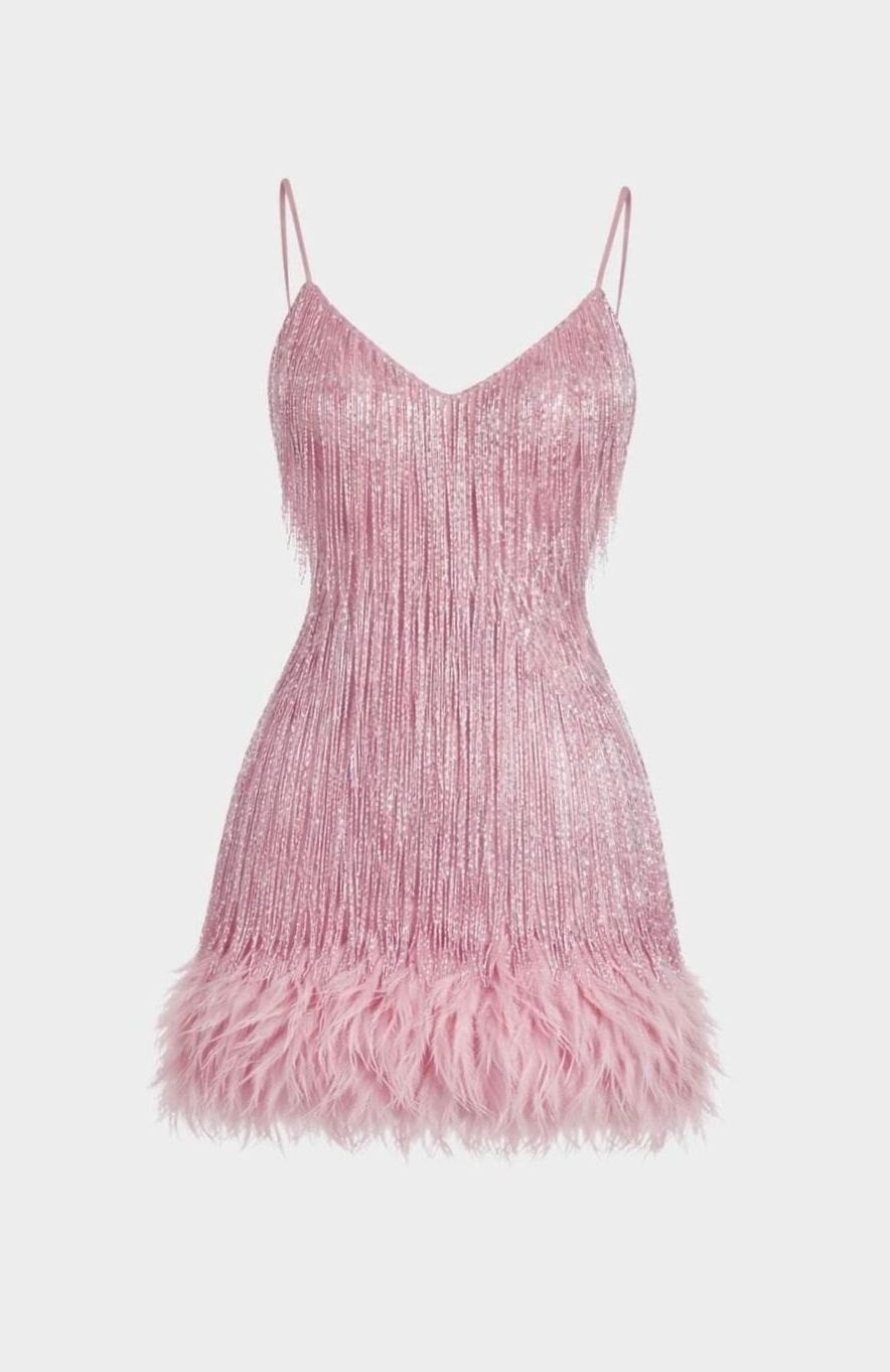 Women's Sequin Fringe Feather-Hem Mini Party Dress - Pink