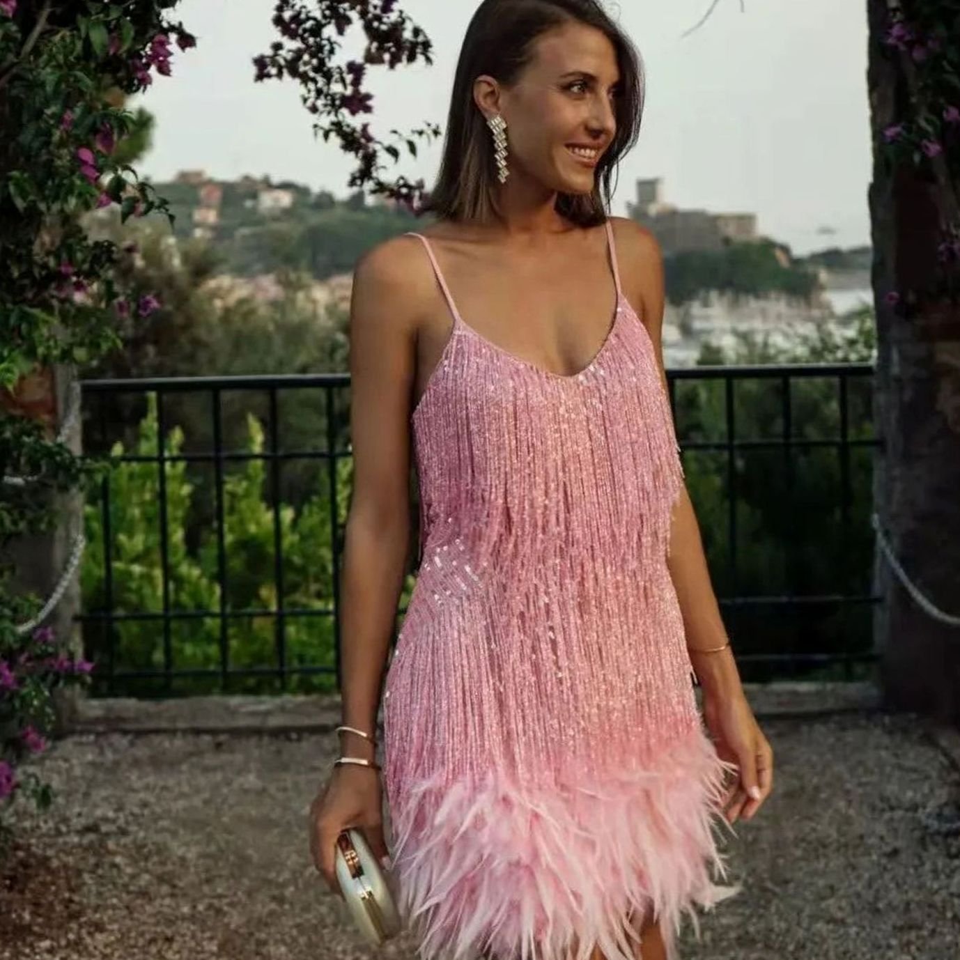 Women's Sequin Fringe Feather Spaghetti Strap Cocktail Dress - Light Pink