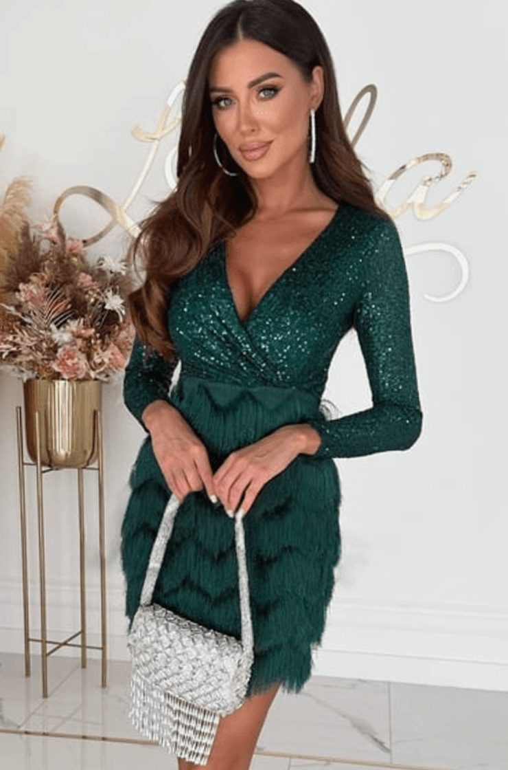 Women's Sequin Fringe Mini Christmas Party Dress - Green