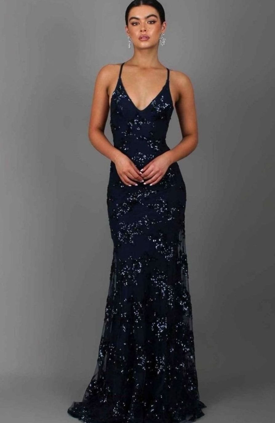 Women's Sequin Mermaid Maxi Christmas Party Dress Spaghetti Strap V-Neck - Navy Blue