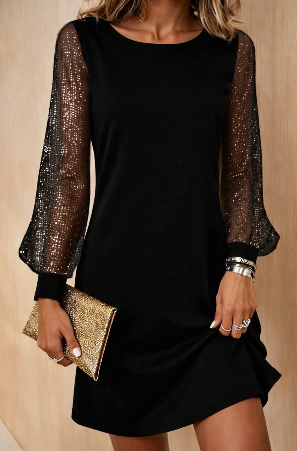 Women's Sequin Mesh Long-Sleeve Mini Shift Dress