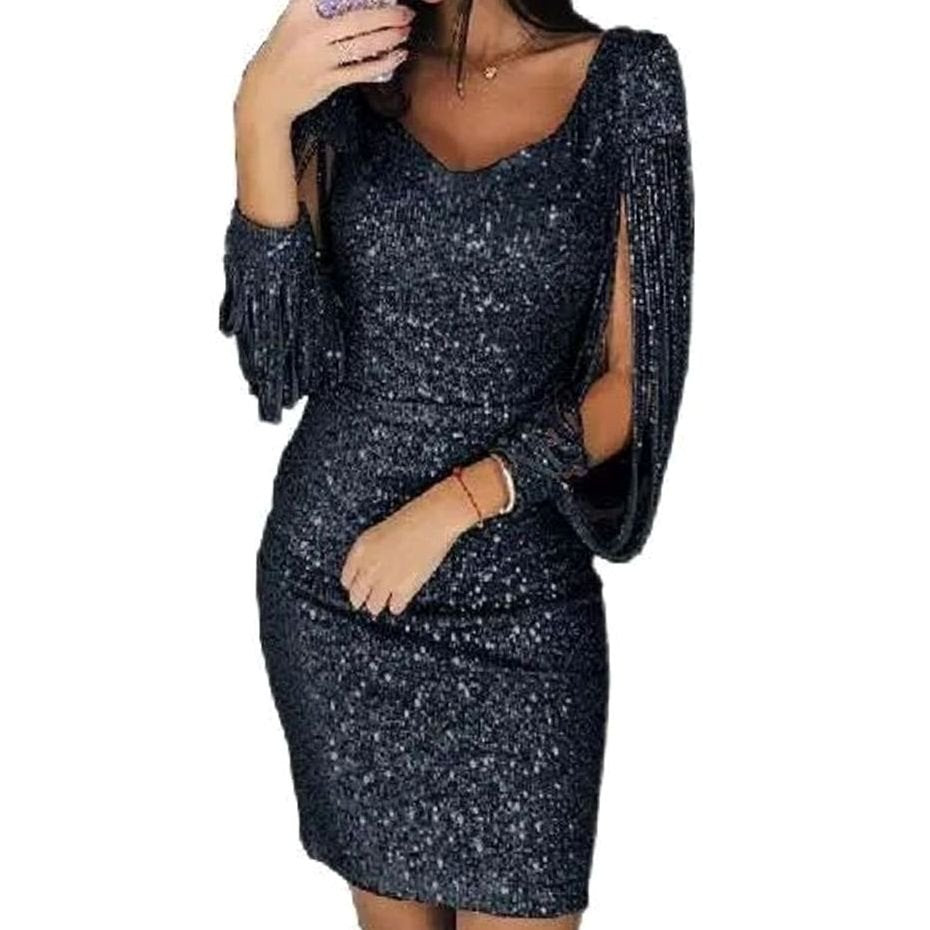 Women's Sequin Mini Dress Long Split-Sleeve Bodycon Party Dress - Black