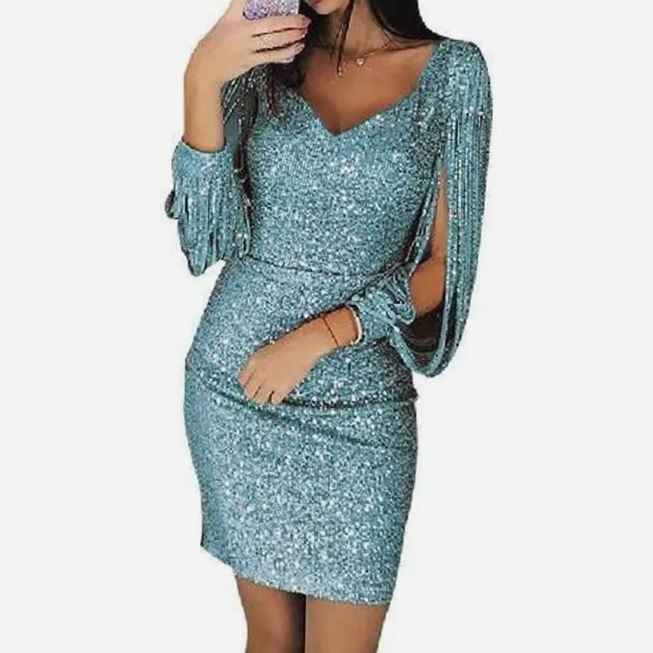 Women's Sequin Mini Dress Long Split-Sleeve Bodycon Party Dress - Light Green