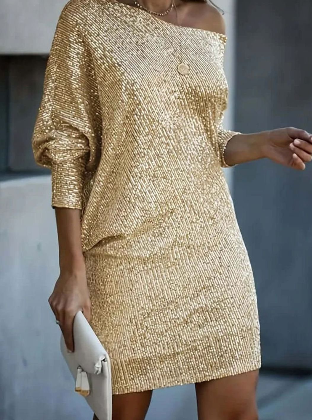 Women's Sequin Off-Shoulder Long-Sleeve Mini Christmas Party Dress - Gold