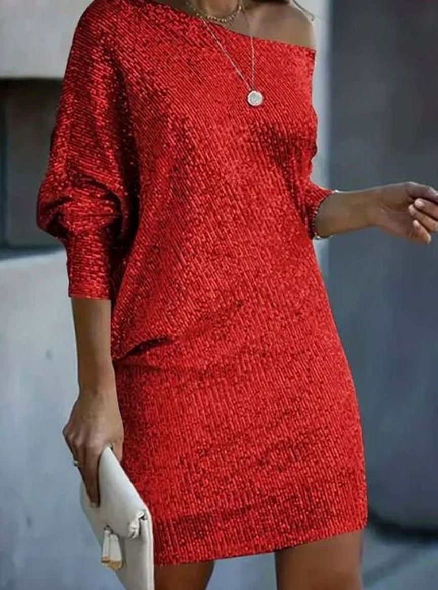 Women's Sequin Off-Shoulder Long-Sleeve Mini Christmas Party Dress - Red