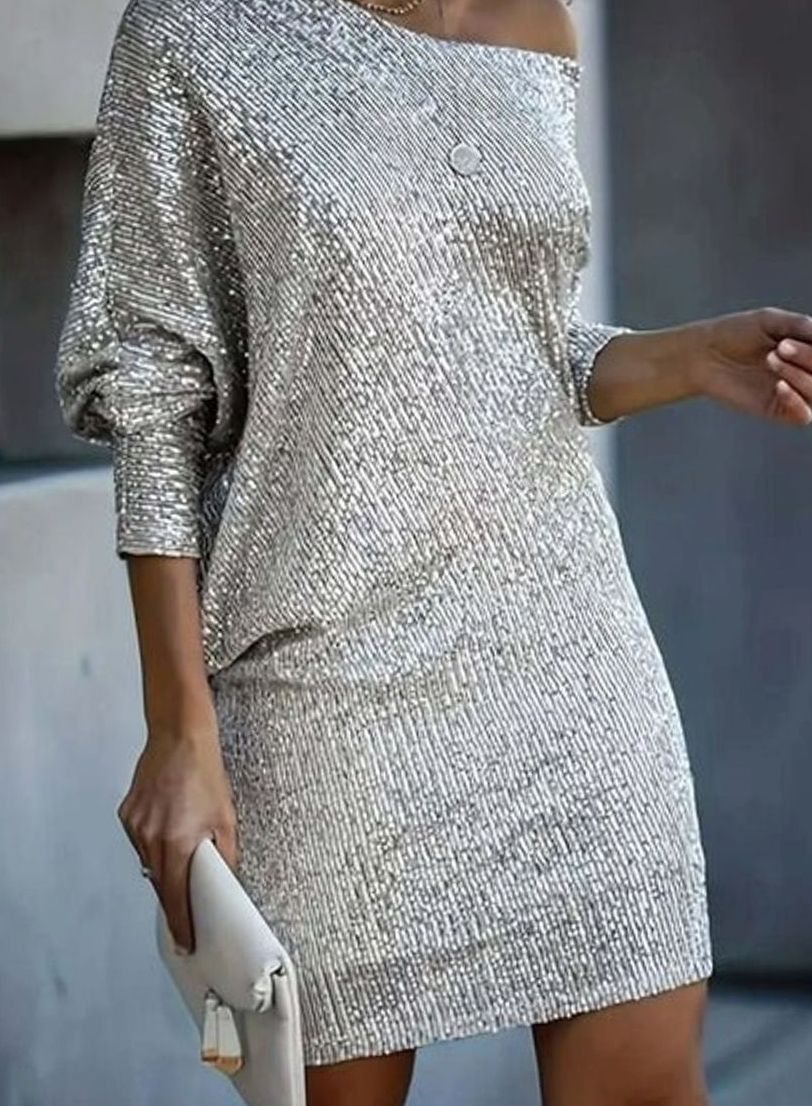 Women's Sequin Off-Shoulder Long-Sleeve Mini Christmas Party Dress - Light Grey