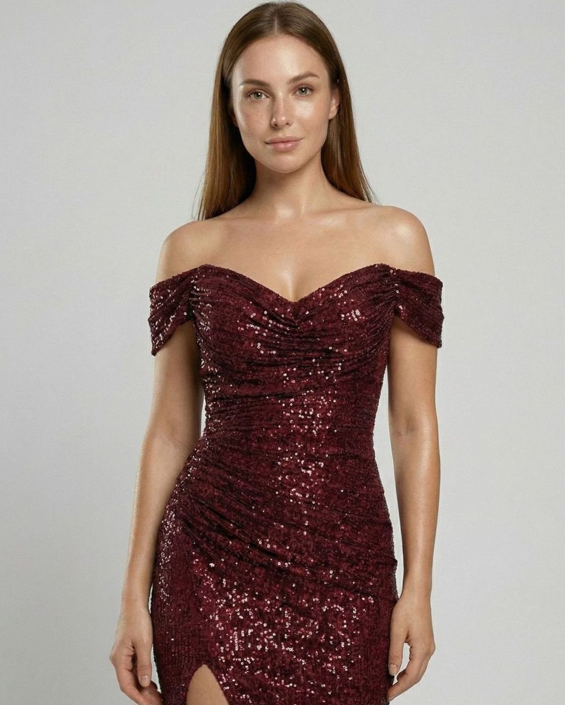 Women's Sequin Off-Shoulder Maxi Christmas Party Dress Thigh Slit