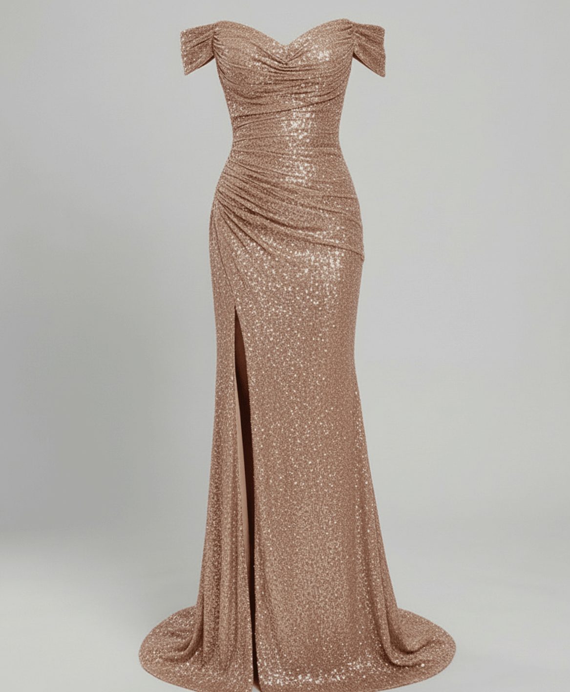 Women's Sequin Off-Shoulder Maxi Christmas Party Dress Thigh Slit - Champagne