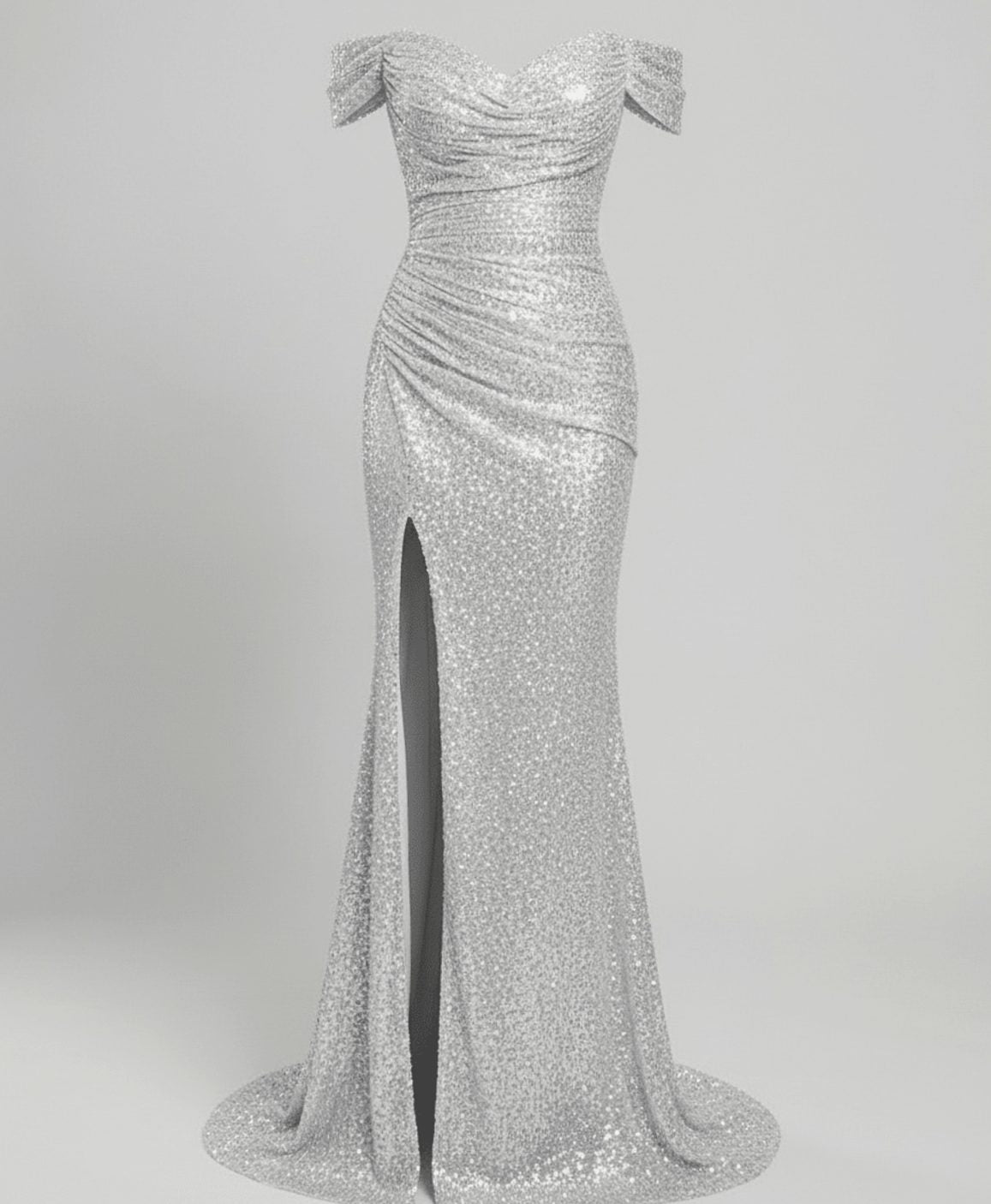 Women's Sequin Off-Shoulder Maxi Christmas Party Dress Thigh Slit - Silver