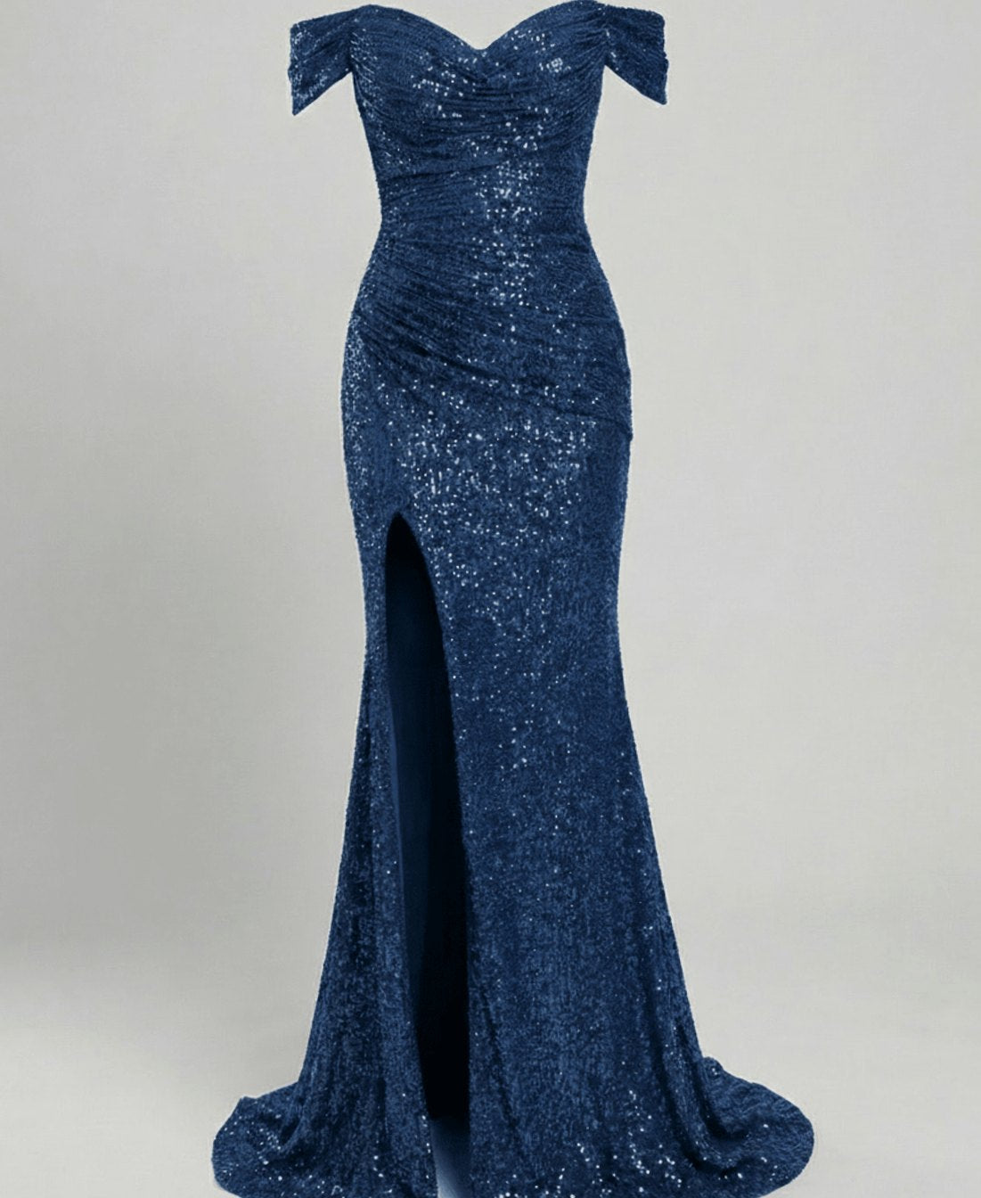 Women's Sequin Off-Shoulder Maxi Christmas Party Dress Thigh Slit - Peacock Blue