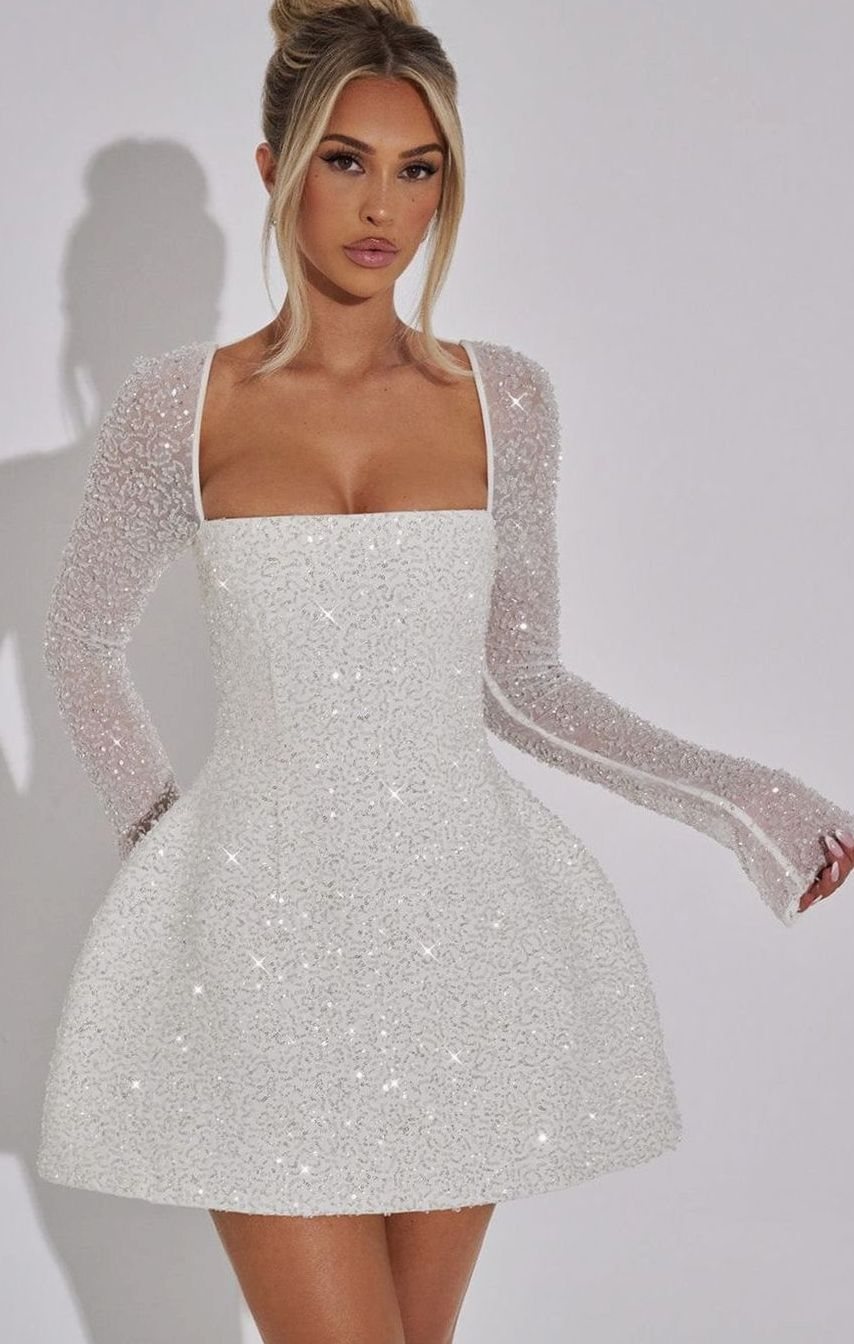 Women's Sequin Square-Neck Long-Sleeve Mini Christmas Party Dress