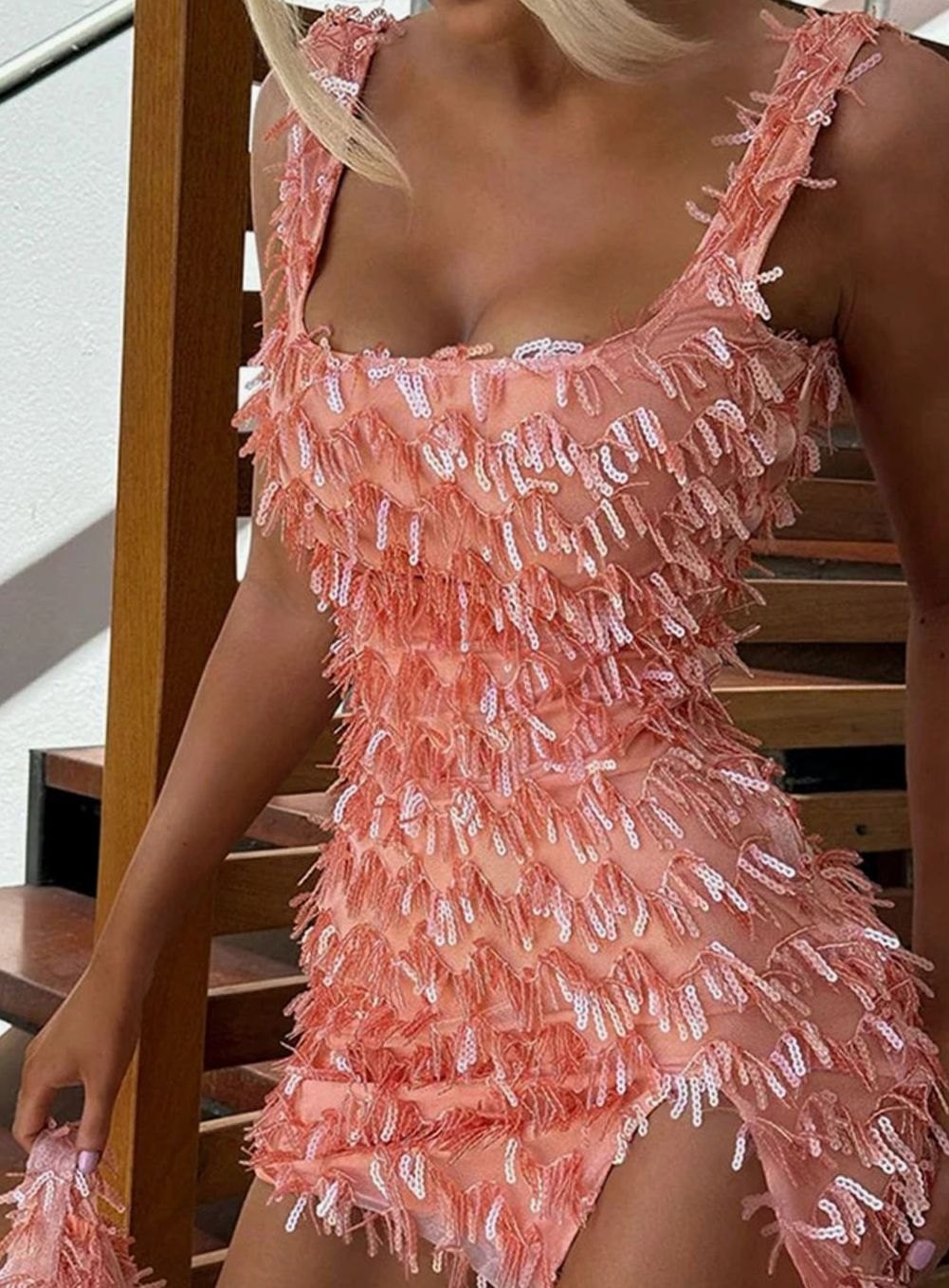 Women's Sequin Tassel Mini Christmas Party Dress Spaghetti Strap - Coral Pink