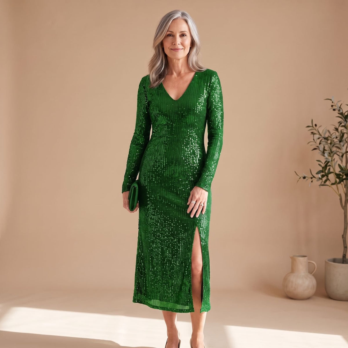 Women's Sequin V-Neck Long-Sleeve Elegant Midi Cocktail Party Dress - Green