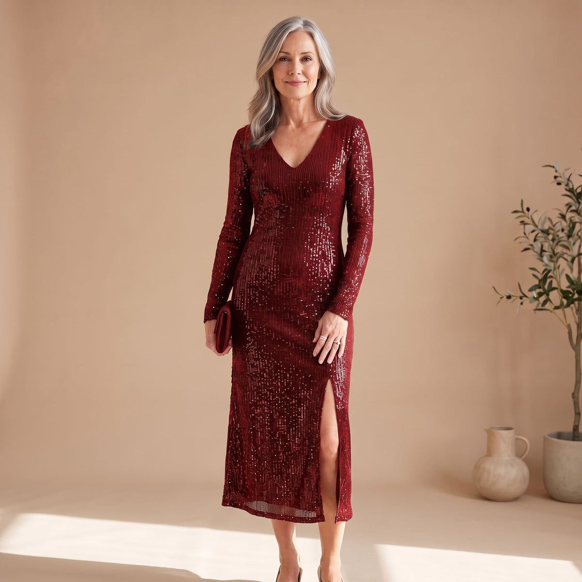 Women's Sequin V-Neck Long-Sleeve Elegant Midi Cocktail Party Dress - Red