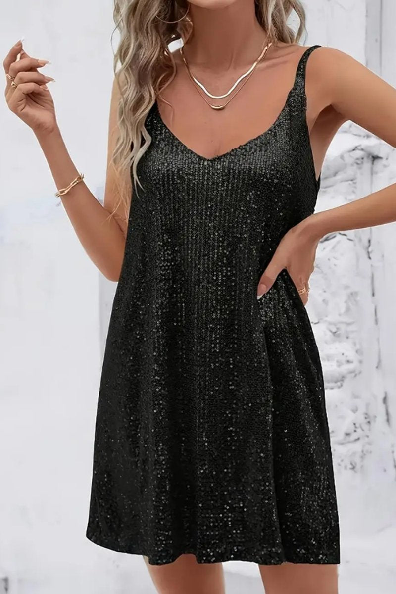 Women's Sequin V-Neck Sleeveless Mini Evening Gown Party Dress - Black