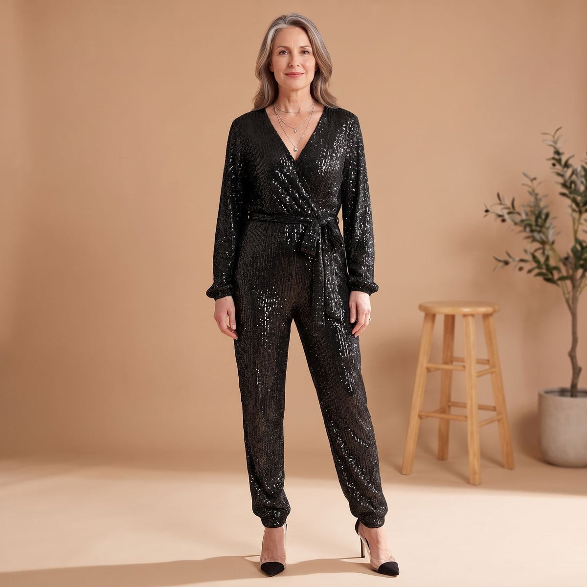 Women's Sequin V-Neck Tie-Waist Long-Sleeve Jumpsuit