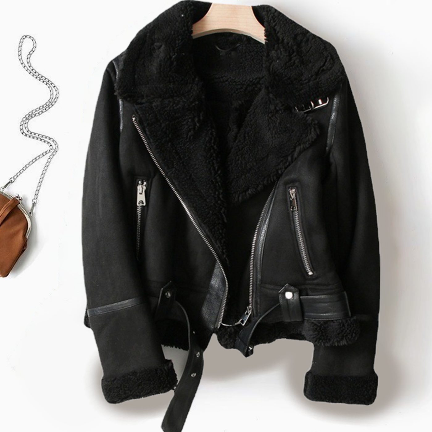 Women's Shearling-Lined Cropped Suede Moto Jacket Belted - Black