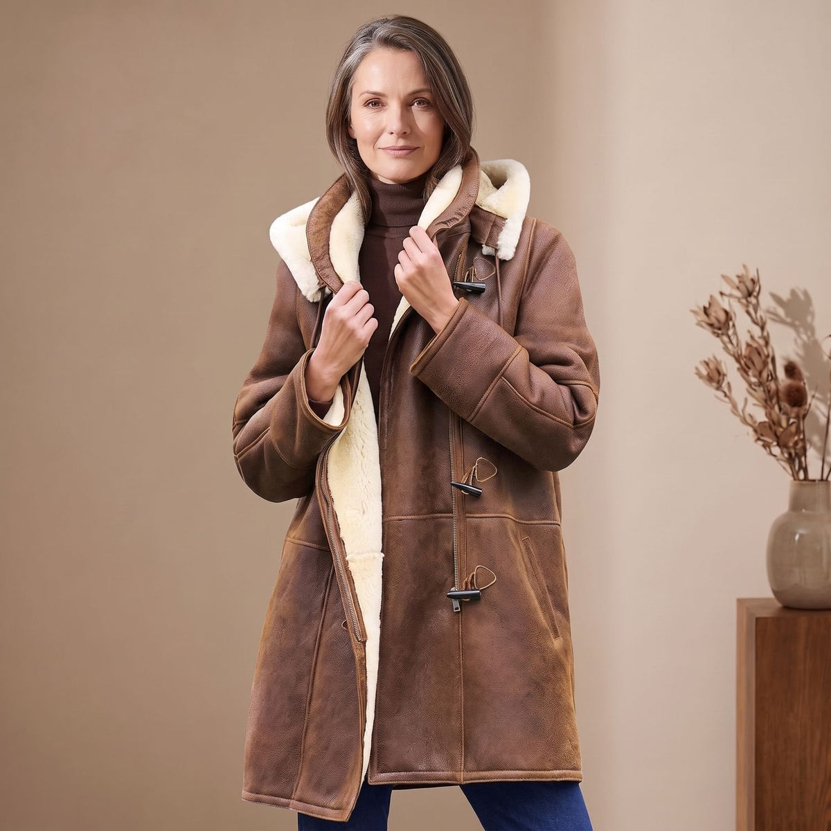Women's Shearling-Lined Faux Suede Toggle-Fastening Winter Coat