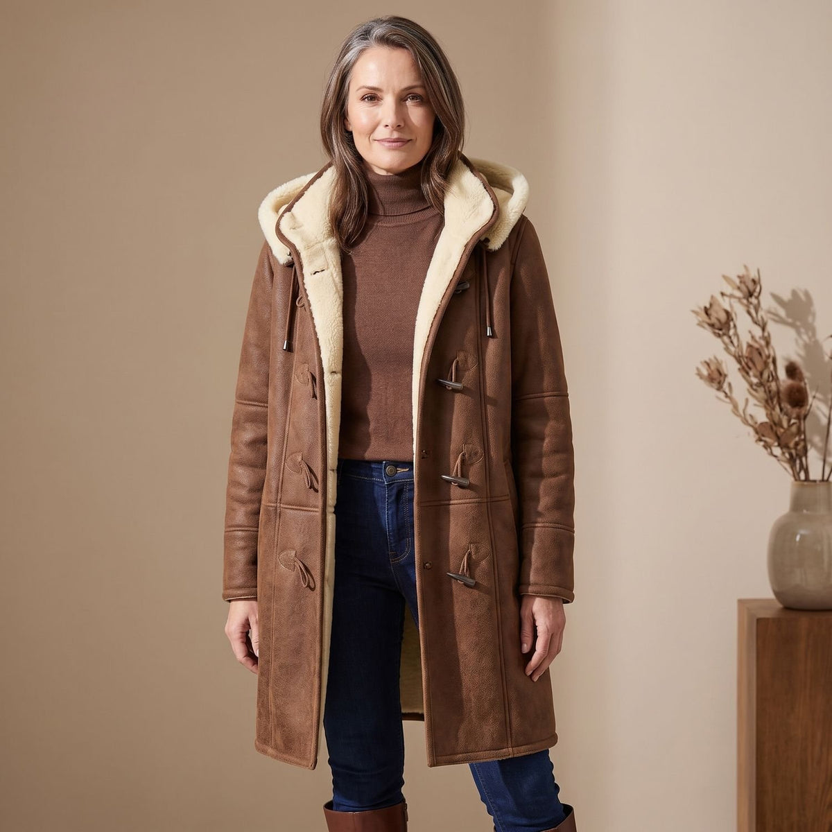 Women's Shearling-Lined Faux Suede Toggle-Fastening Winter Coat