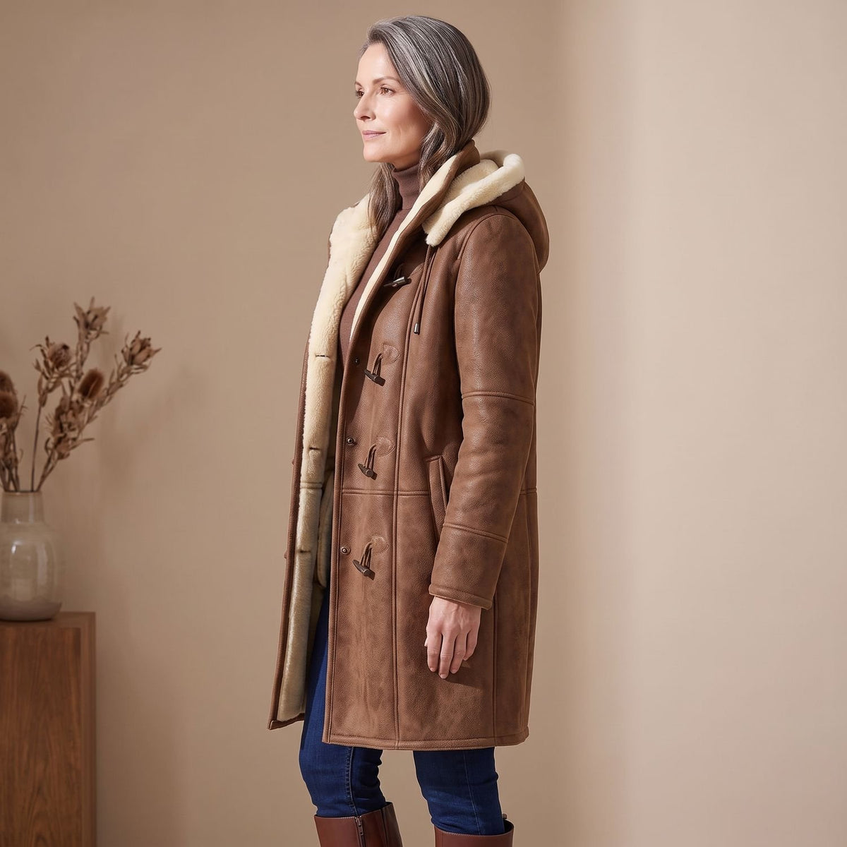 Women's Shearling-Lined Faux Suede Toggle-Fastening Winter Coat