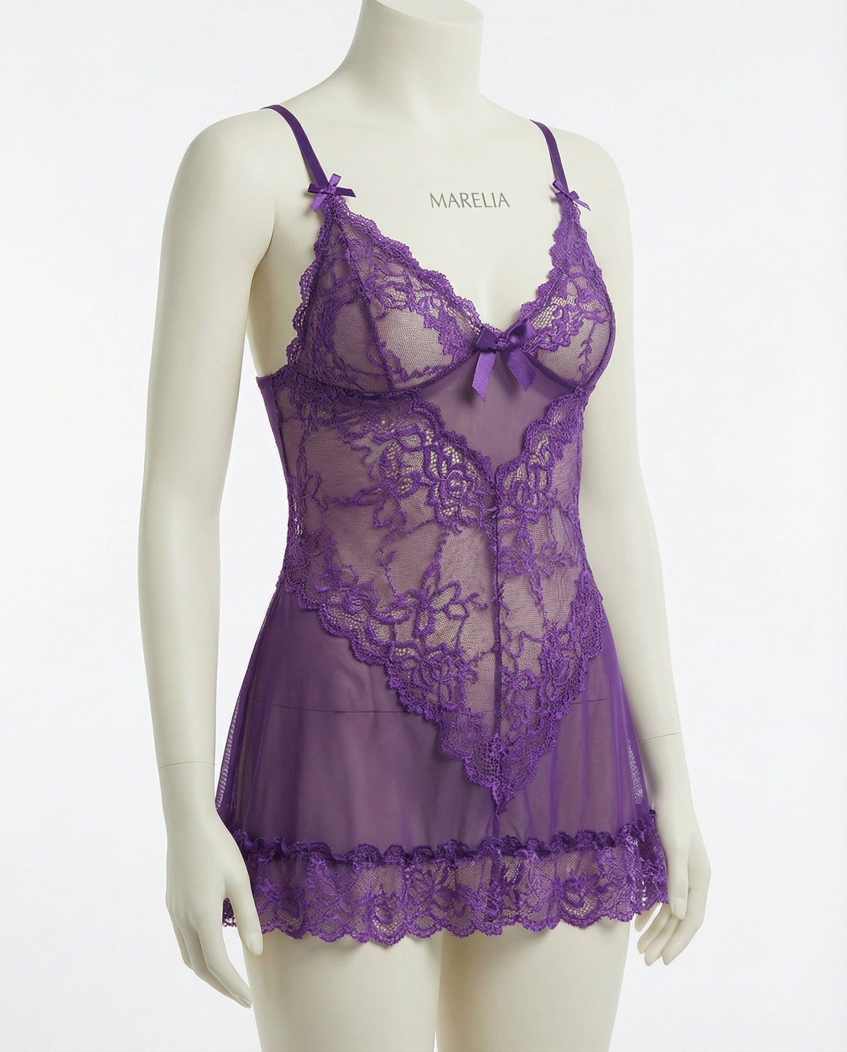 Women's Sheer Mesh Floral Lace Scallop-Hem Chemise