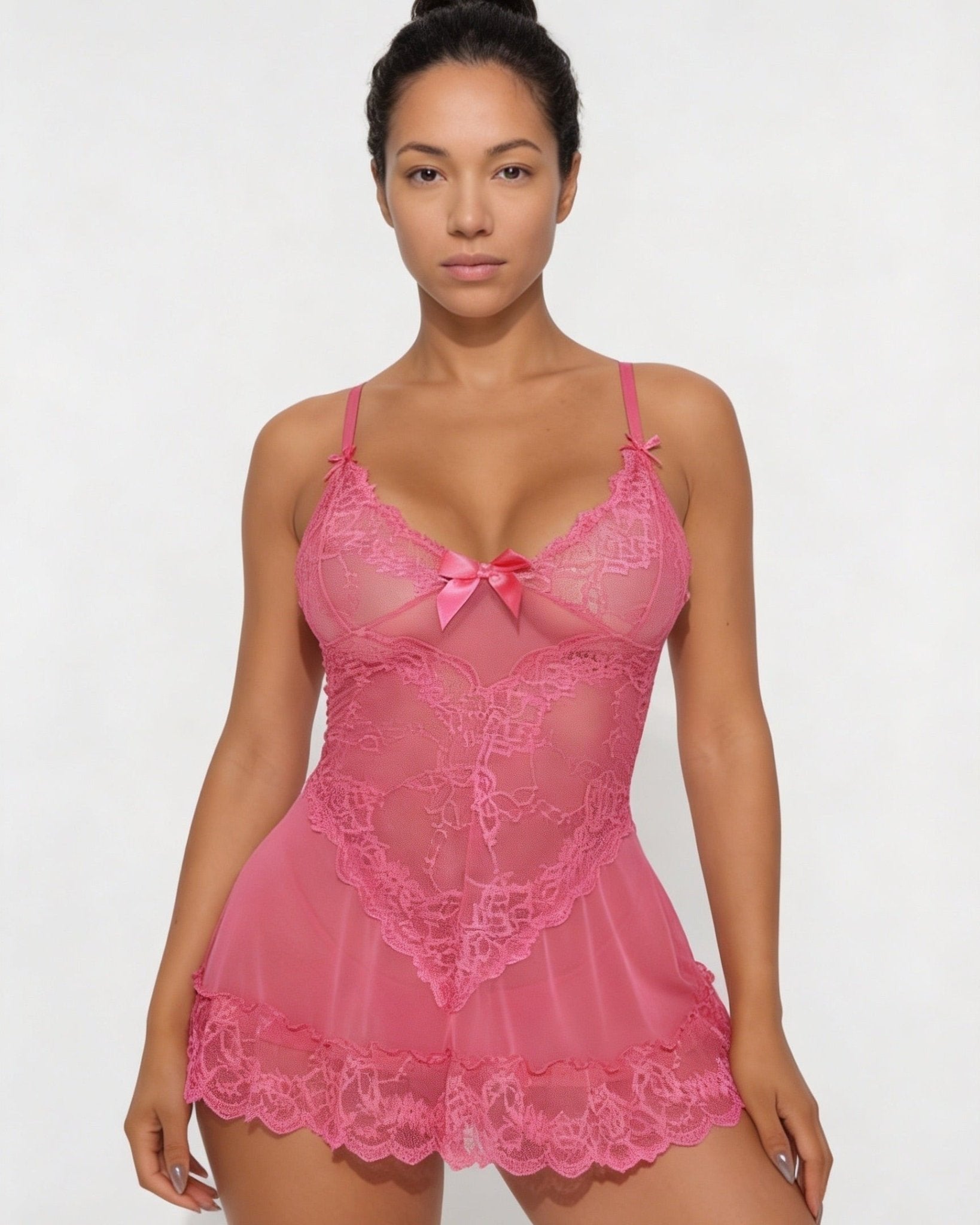 Women's Sheer Mesh Floral Lace Scallop-Hem Chemise